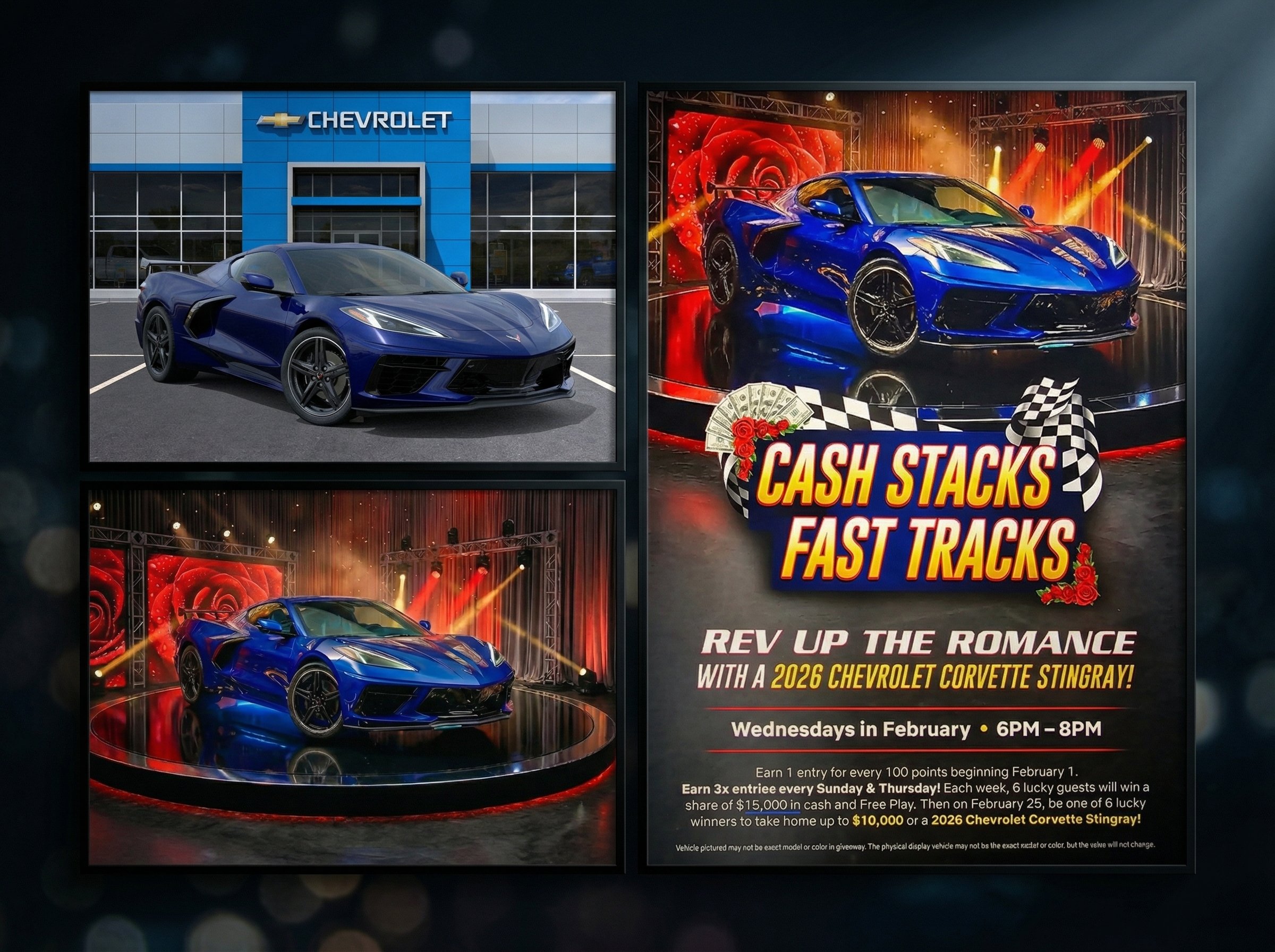 Low-resolution dealership photo of a Corvette Stingray transformed into a high-energy promotional concept for mailers, billboards, and broadcast