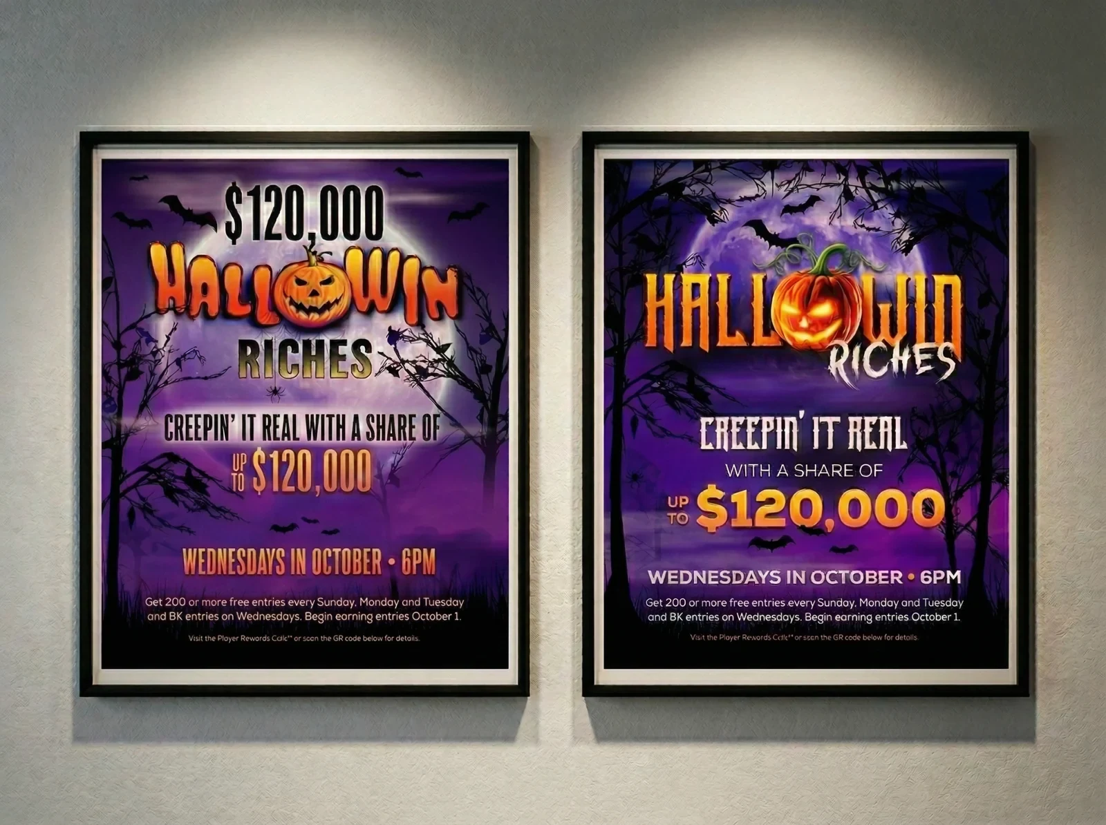 Before and after Halloween Riches promotional posters showing stronger hierarchy, atmosphere, and finish